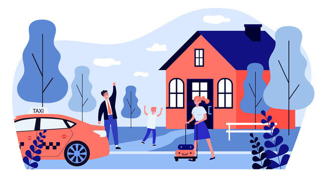 Happy family standing near taxi and waving to woman. Child, house, baggage flat vector illustration. Relocation and removal concept for banner, website design or landing web page