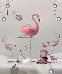 Fototapety  Surreal tea party with a pink flamingo on a table with clocks, keys and sweetness