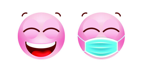 Cute Pink Emoticon with Cartoon Style with Medical Facial Mask on White Background . Isolated Vector Illustration 