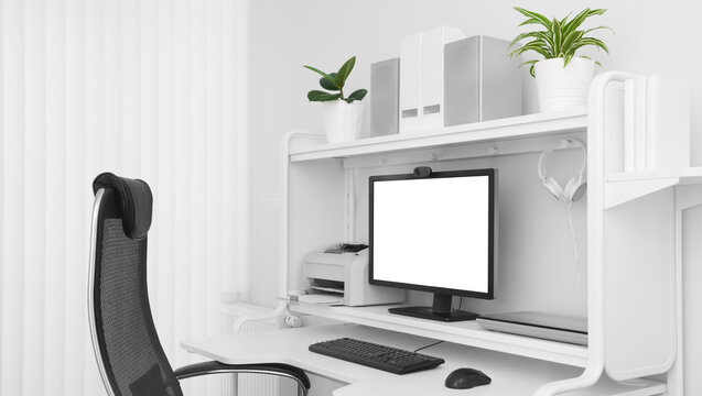Stylish working place with desktop computer, houseplants and office equipment