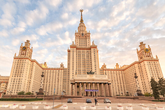 02 September 2020, Moscow, Russia: The main campus of Lomonosov Moscow state University. Majestic building in the architectural style of the Stalinist Empire