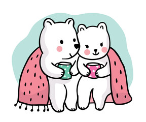 Hand draw cartoon cute polar bears drink coffee together vector.