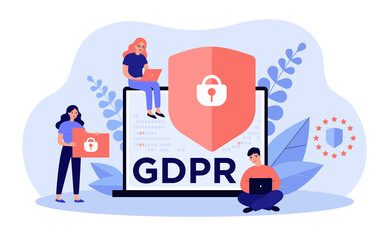 Shield with lock on computer display as symbol of general data protection regulation. People sure of their privacy while using gadgets. Vector illustration for GDPR, information protection concept