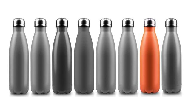 Stop motion concept. Set of colorful reusable steel stainless thermo water bottles isolated on white background.