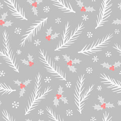 Vector seamless pattern with hand drawn spruce branches, Holly and snowflakes. Cute design for Christmas wrappings, textile and backgrounds