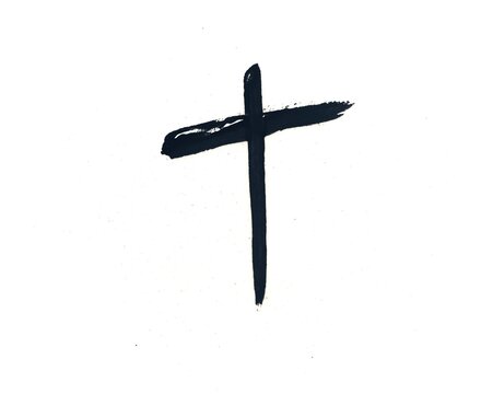 Black hand drawn cross symbol isolated on white background
