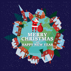 Merry Christmas and Happy New Year holiday Santa Claus carrying sack full of gifts, background Earth planet. Vector illustration