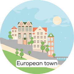 European town Sea Architecture Vector Illustration