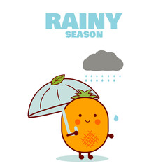 Rainy season. Cute pineapple style. Open an umbrella in a rainy day. Illustration vector.