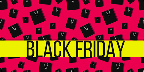 seamless pattern with black paper bag on pink background. cute sale banner on black friday. illustration in flat style