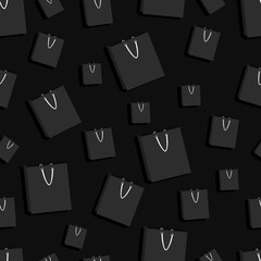 seamless pattern with black paper bag on dark background. cute sale banner on black friday. illustration in flat style