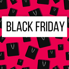 seamless pattern with black paper bag on pink background. cute sale banner on black friday. illustration in flat style