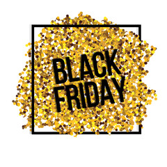 Text black friday on gold sparkles. Super sale banner with glitter brushstroke and black frame. Realistic festive gold background 
for creating clip art