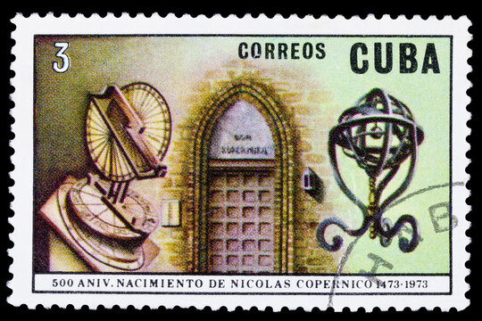 A postage stamp printed in Cuba shows the tools of Nikolai Copernicus, circa 1973 Macro photography. Complete clipping. 