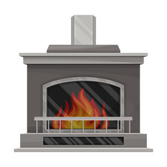 Electric Fireplace or Hearth Made of Stone with Mantelpiece and Burning Fire Vector Illustration