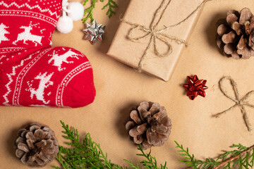 Christmas composition. Christmas gifts, pine branches, toys. Flat lay, top view.