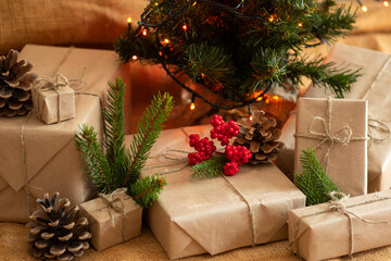 Fototapeta na wymiar Christmas presents. Gifts under the Christmas tree. Christmas composition.
