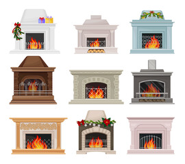 Stone Fireplace or Hearth with Mantelpiece and Burning Fire Vector Set