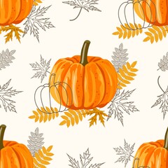 Seamless pattern with leaves and pumpkins. Vector autumn background.