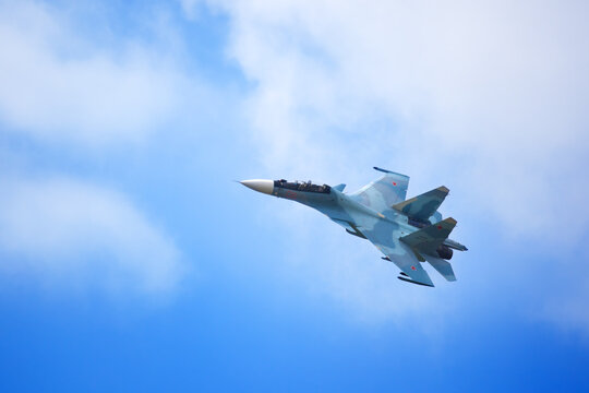 Novosibirsk, Russia, July 31, 2016, Mochishche airfield, local air show, Aerobatic team VKS "Russian Falcons" Su-30 SM, russian fighter aircraft