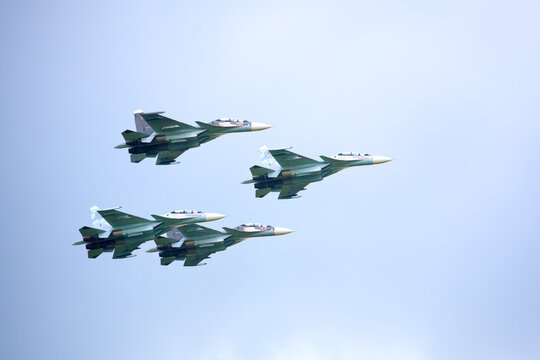 Novosibirsk, Russia, July 31, 2016, Mochishche airfield, local air show, Aerobatic team VKS "Russian Falcons" Su-30 SM, russian fighter aircrafts