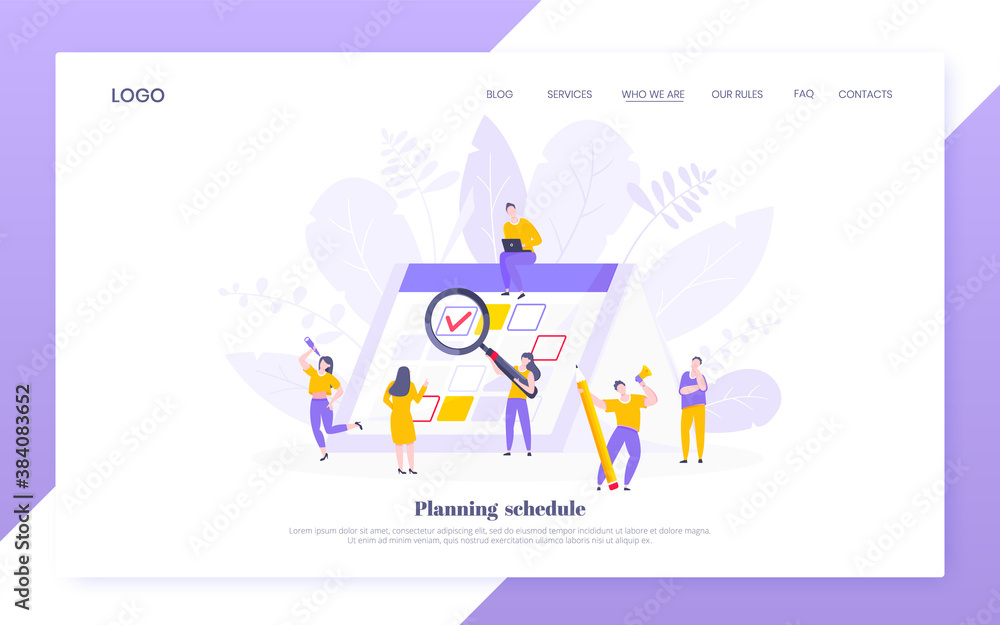 Poster calendar planning schedule business concept vector illustration. tiny people with large pencil, magn