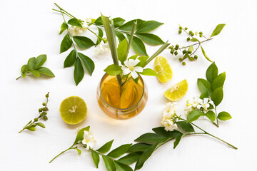 natural herbal healthy drink for cough sore mix rose tea ,lemon arrangement flat lay style with...