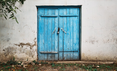 Old wooden textured door in blue, an old wall with crumbling plaster. The wall and the tree bear traces of the effects of time and weather.