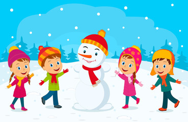 kids, boys, girls and snowman on the winter background, illustration,vector