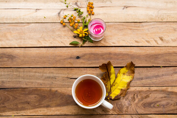 herbal healthy drinks hot lemon tea health care for cough sore with yellow  leaves ,flower and...
