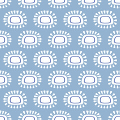 Abstract sun pattern design. Cute vector seamless repeat illustration of sunshine motifs in blue and white, sunshine weather background. 