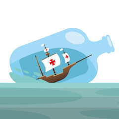 Christopher Columbus ship in bottle at the sea vector design