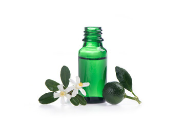 Neroli extract and flowers on a white background.