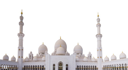 Sheikh Zayed Grand Mosque (Abu Dhabi, Verenigde Arabische Emiraten) geïsoleerd op een witte achtergrond