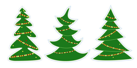 Fototapeta premium Set of three cartoon Christmas trees. Xmas tree decorated with a garland and balls. Collection of gift stickers. Fir-trees of different shapes - round branches, sharp, incline. Vector illustration