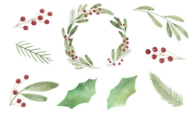 Set of Christmas watercolor elements. Red berries, green leaves and twigs, festive wreath, new year. For scrapbooking, postcards, album, printing.