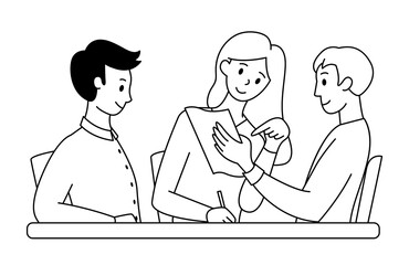 Teamwork concept. People at work in the office. Discussion of business ideas and planning. Paperwork. Black outline. Vector illustration.