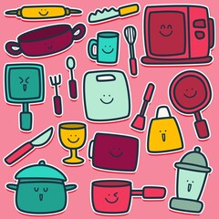 kawaii doodle design cartoon cooking tools for stickers, coloring books, backgrounds, pins, emblems, logos and more