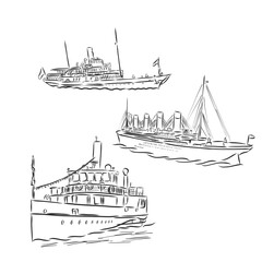 Obraz premium ship, steamboat, steamship, doodle style, sketch illustration, hand drawn, vector. steamship, vector sketch