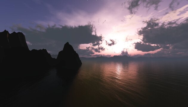 dramatic sunrise over the ocean, Panorama of the sea sunset, beautiful ocean sunset in the clouds, 3D rendering
