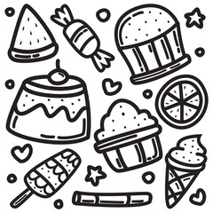 kawaii doodle cartoon food designs for stickers, coloring books, backgrounds, pins, emblems, logos and more