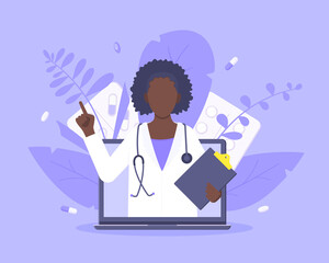 Online doctor medical service concept with doctor in the laptop vector illustration. Telemedicine web consultation for patients health care check ups and taking medicine prescription pills.