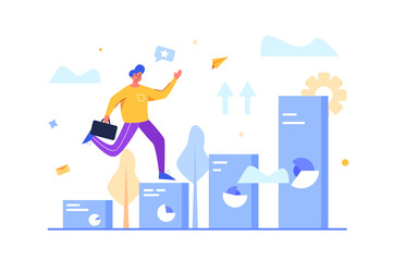 Guy with suitcase runs upward graph towards his goal isolated on white background, flat vector illustration.
