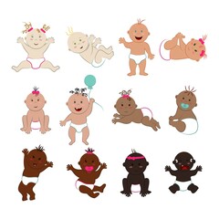 Vector set of different multinational babies in different poses. Many little naked boys and girls in diapers with varied skin, hair and eyes
