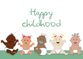 Happy childhood poster. Vector template with copy space of sitting happy multinational naked babies in diapers