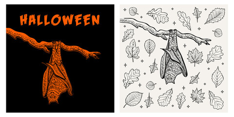 Halloween bat vintage retro poster vector illustration gift card, print