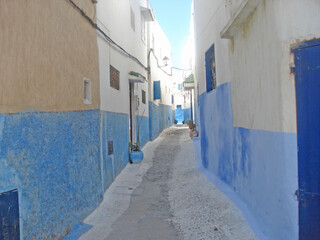 Small street in blue and white in the kasbah - old city Rabat in Morocco      
