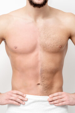 Young caucasian man with bare chested before and after waxing his hair stands on white background