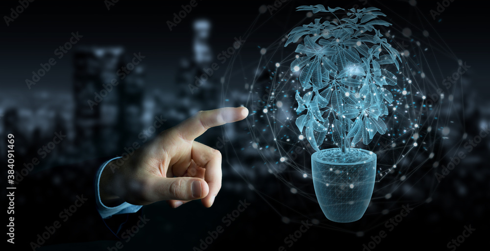 Leinwandbilder man hand holding and touching holographic projection of a plant with digital analysis 3d rendering