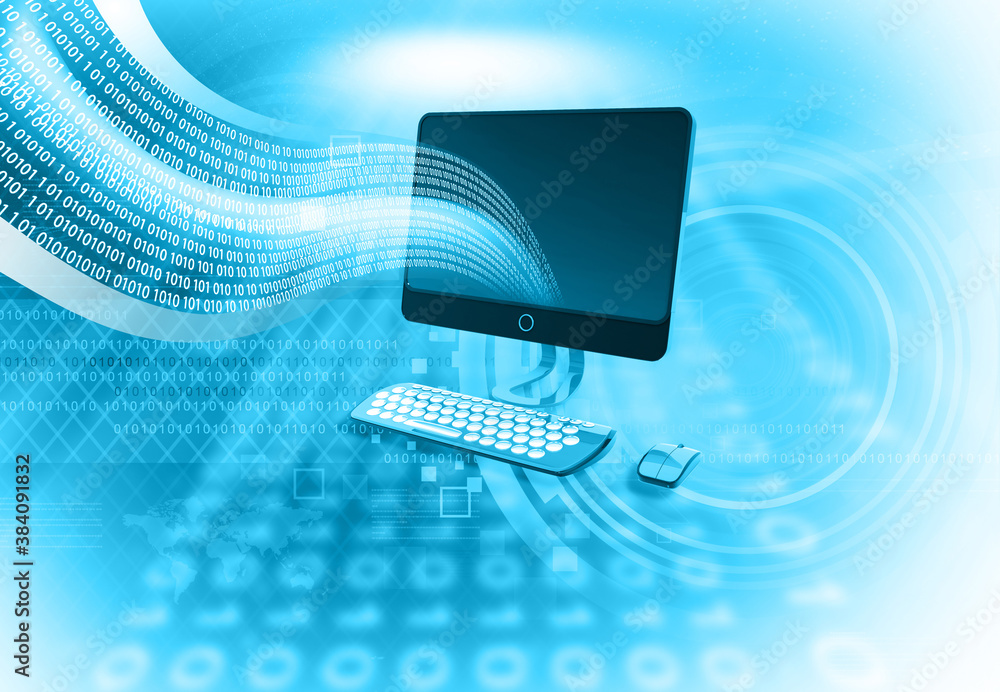 Poster binary streams with computer. modern communication technology.3d illustration.